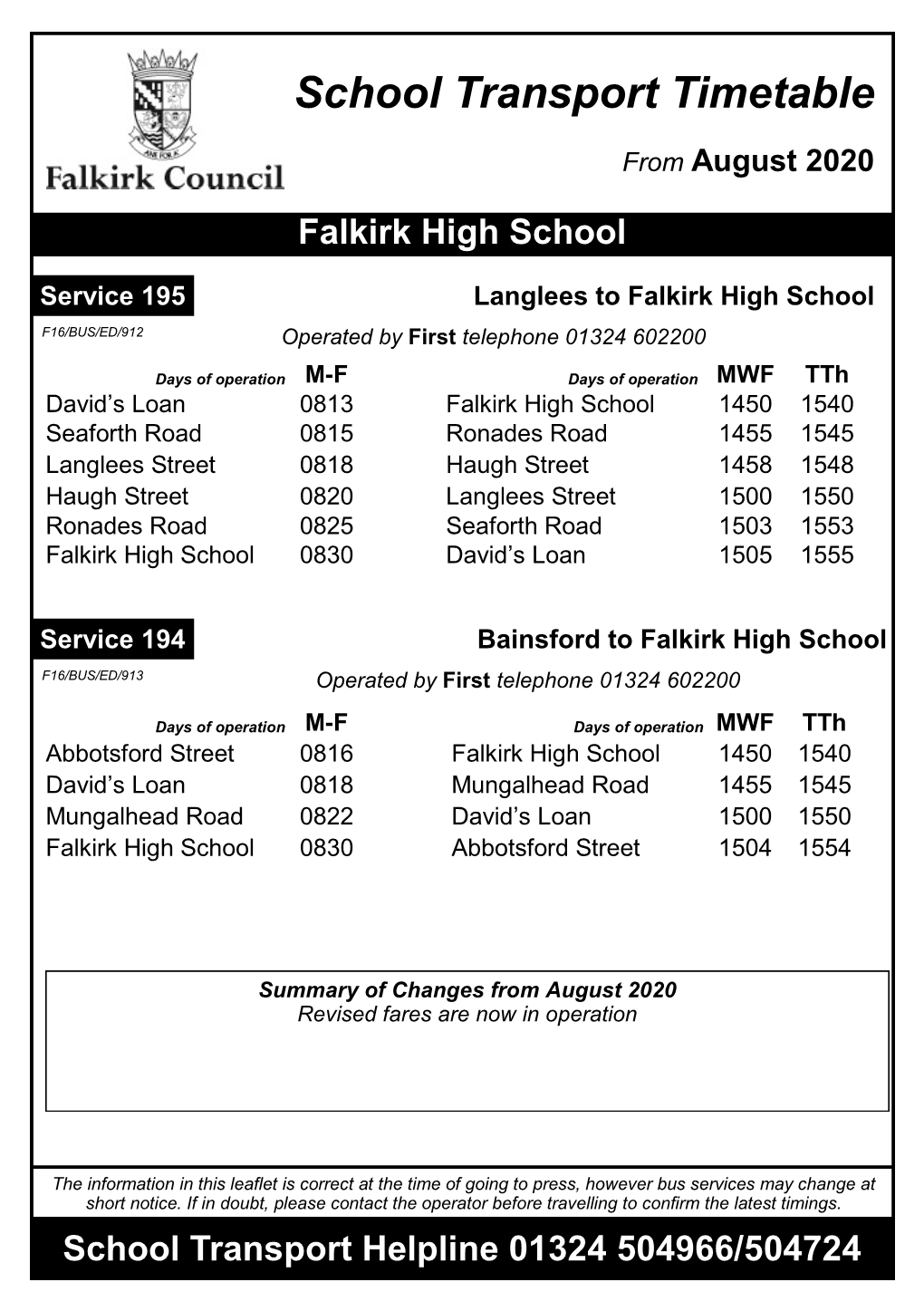 Falkirk High School School Transport Helpline 01324 504966/504724