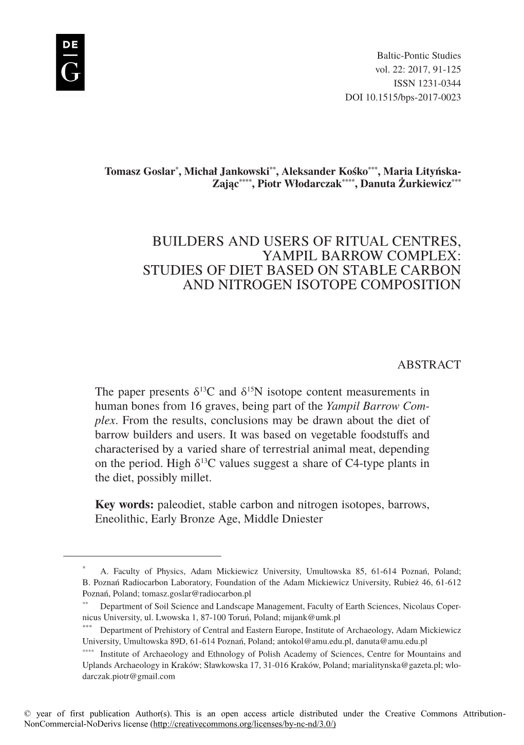 Builders and Users of Ritual Centres, Yampil Barrow Complex: Studies of Diet Based on Stable Carbon and Nitrogen Isotope Composition