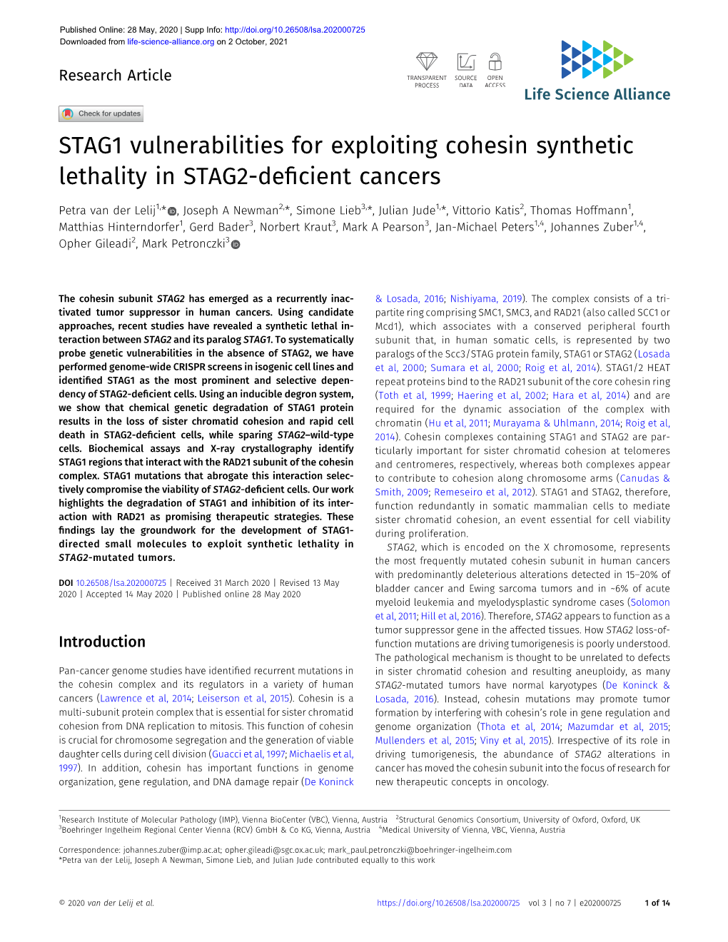 STAG1 Vulnerabilities for Exploiting Cohesin Synthetic Lethality in STAG2-Deﬁcient Cancers