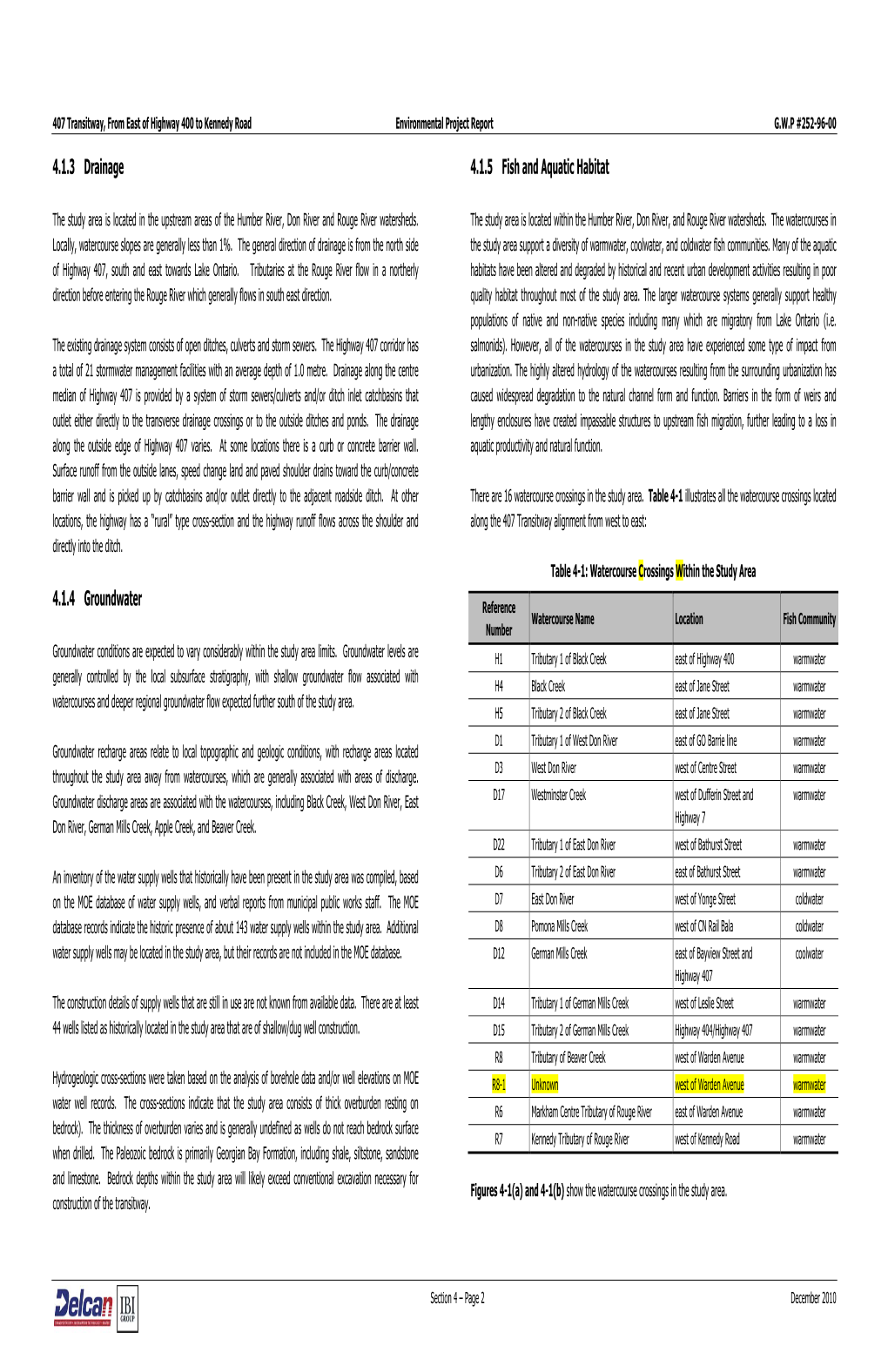 4.1.3 Drainage 4.1.4 Groundwater 4.1.5 Fish and Aquatic Habitat
