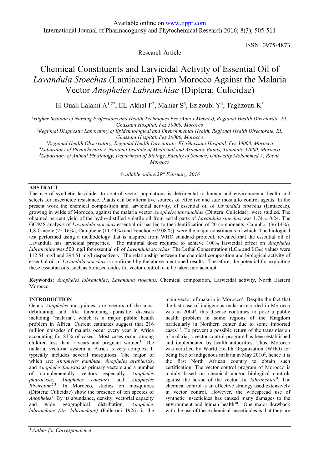 Chemical Constituents and Larvicidal Activity of Essential