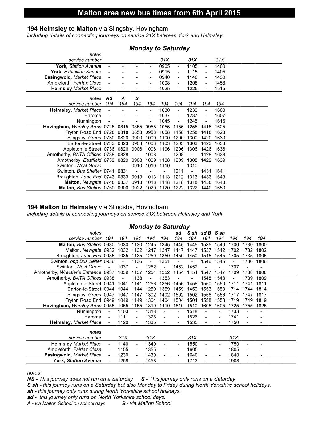 Malton Area New Bus Times from 6Th April 2015