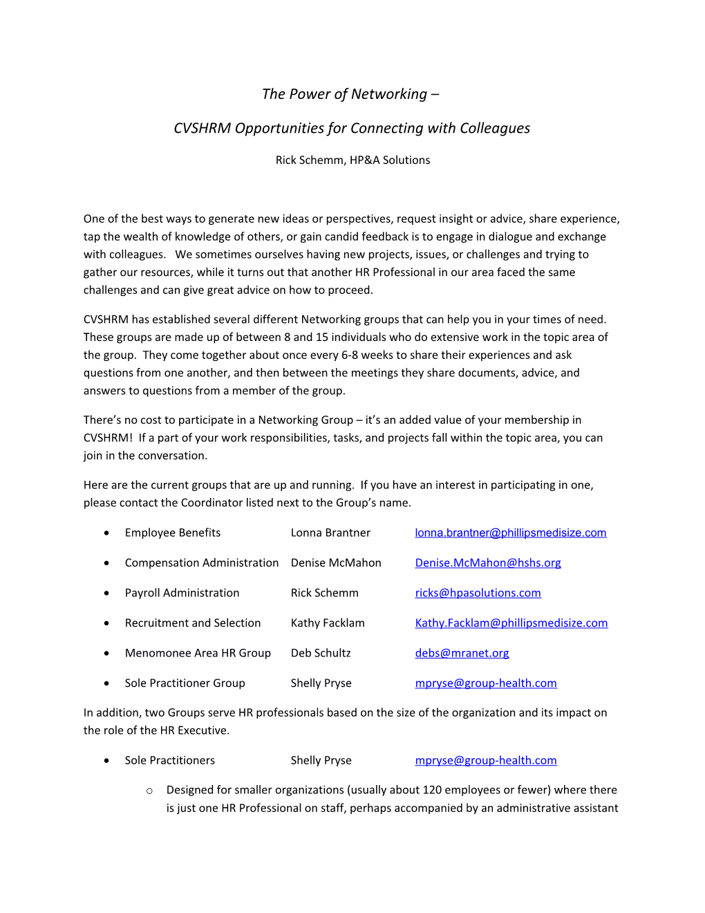 CVSHRM Opportunities for Connecting with Colleagues
