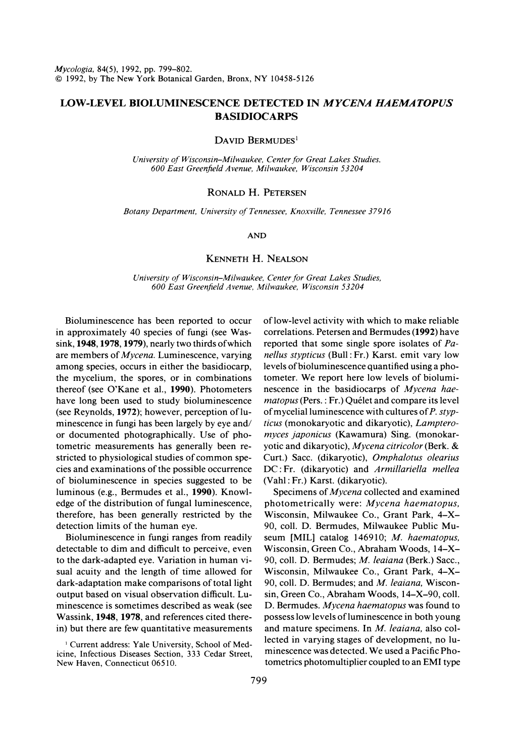 Low-Level Bioluminescence Detected in Mycena Haematopus Basidiocarps