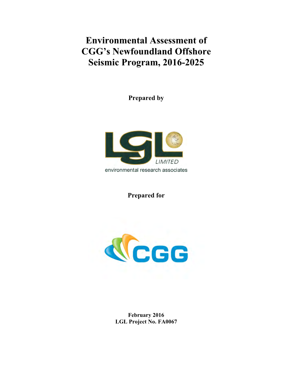 Environmental Assessment of CGG's Newfoundland Offshore Seismic