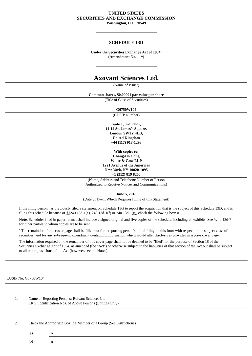 Axovant Sciences Ltd. (Name of Issuer)