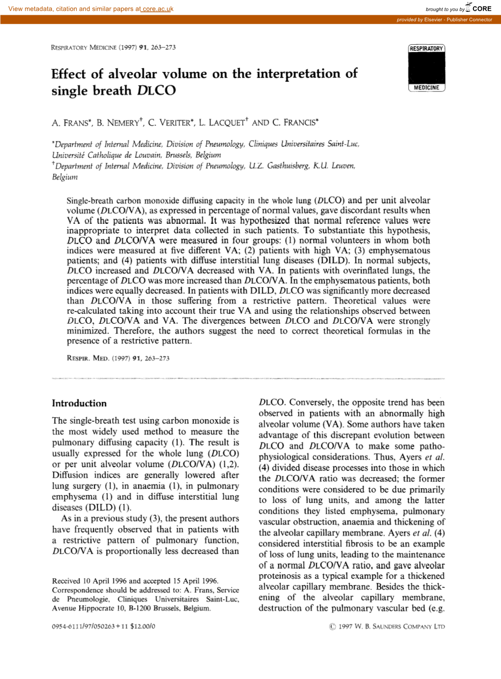 Effect of Alveolar Volume on the Interpretation of Single Breath DLCO