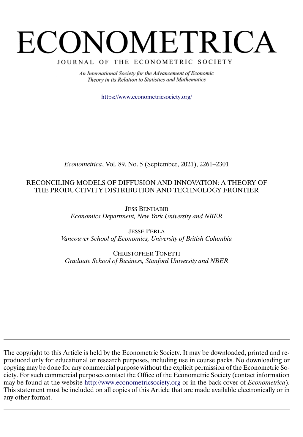 Reconciling Models of Diffusion and Innovation: a Theory of the Productivity Distribution and Technology Frontier