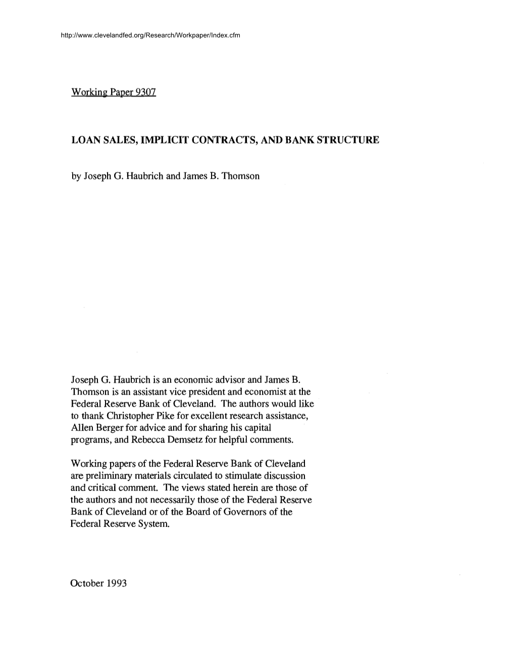 Loan Sales, Implicit Contracts, and Bank Structure, Working Paper 93-07