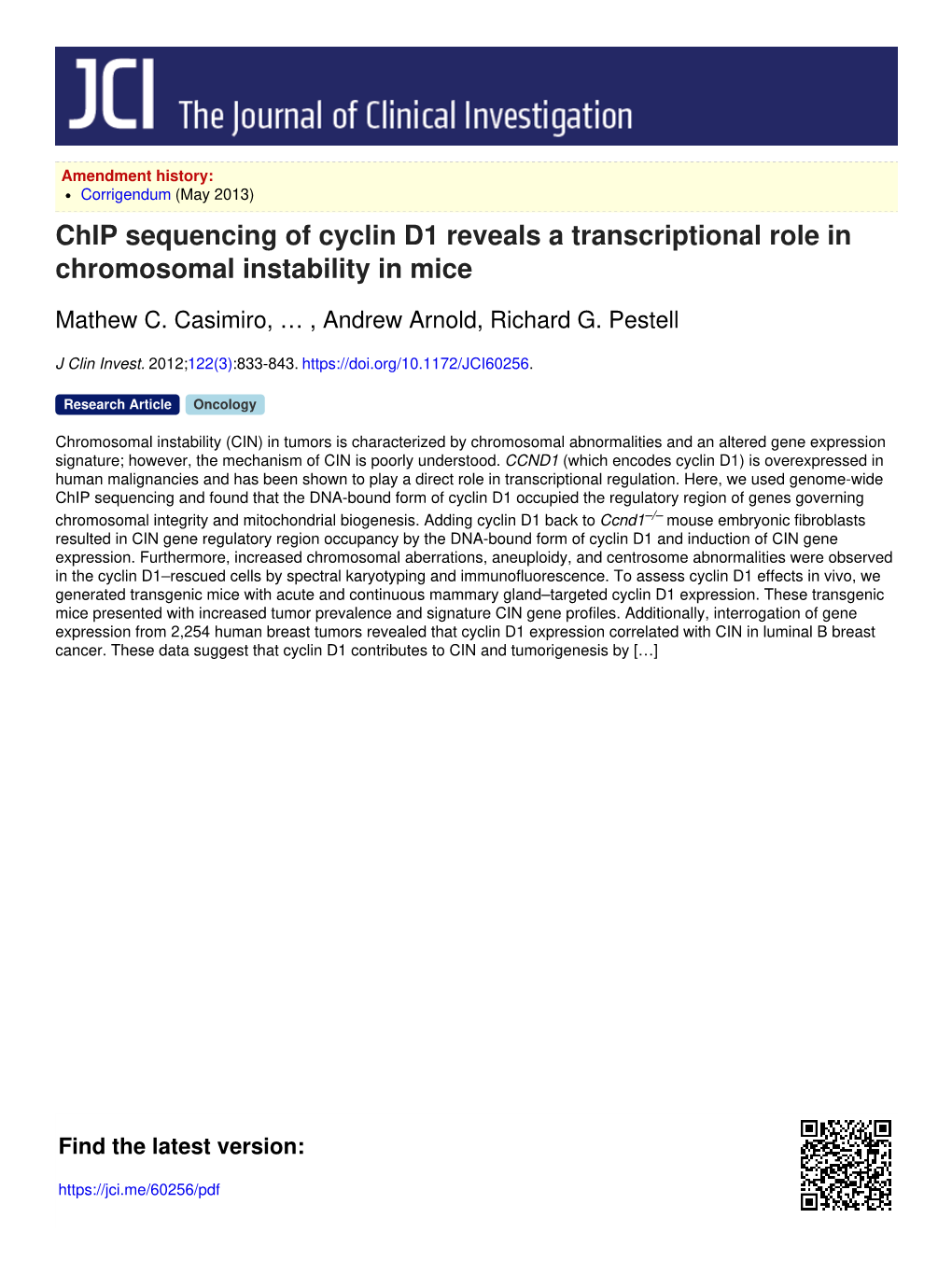 Chip Sequencing of Cyclin D1 Reveals a Transcriptional Role in Chromosomal Instability in Mice
