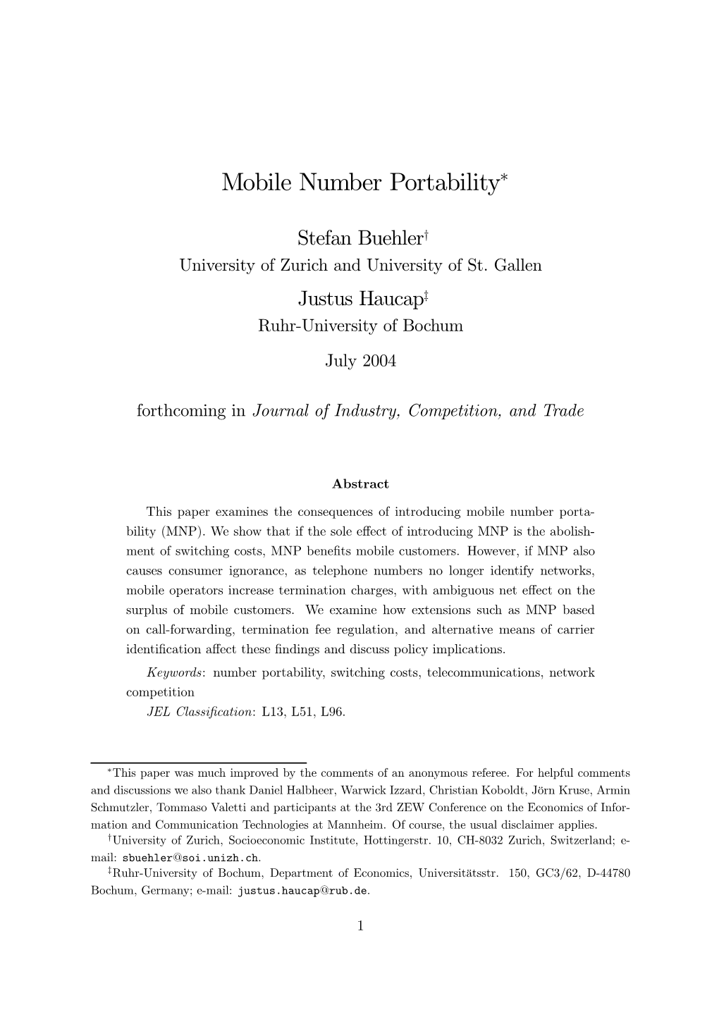 Mobile Number Portability∗