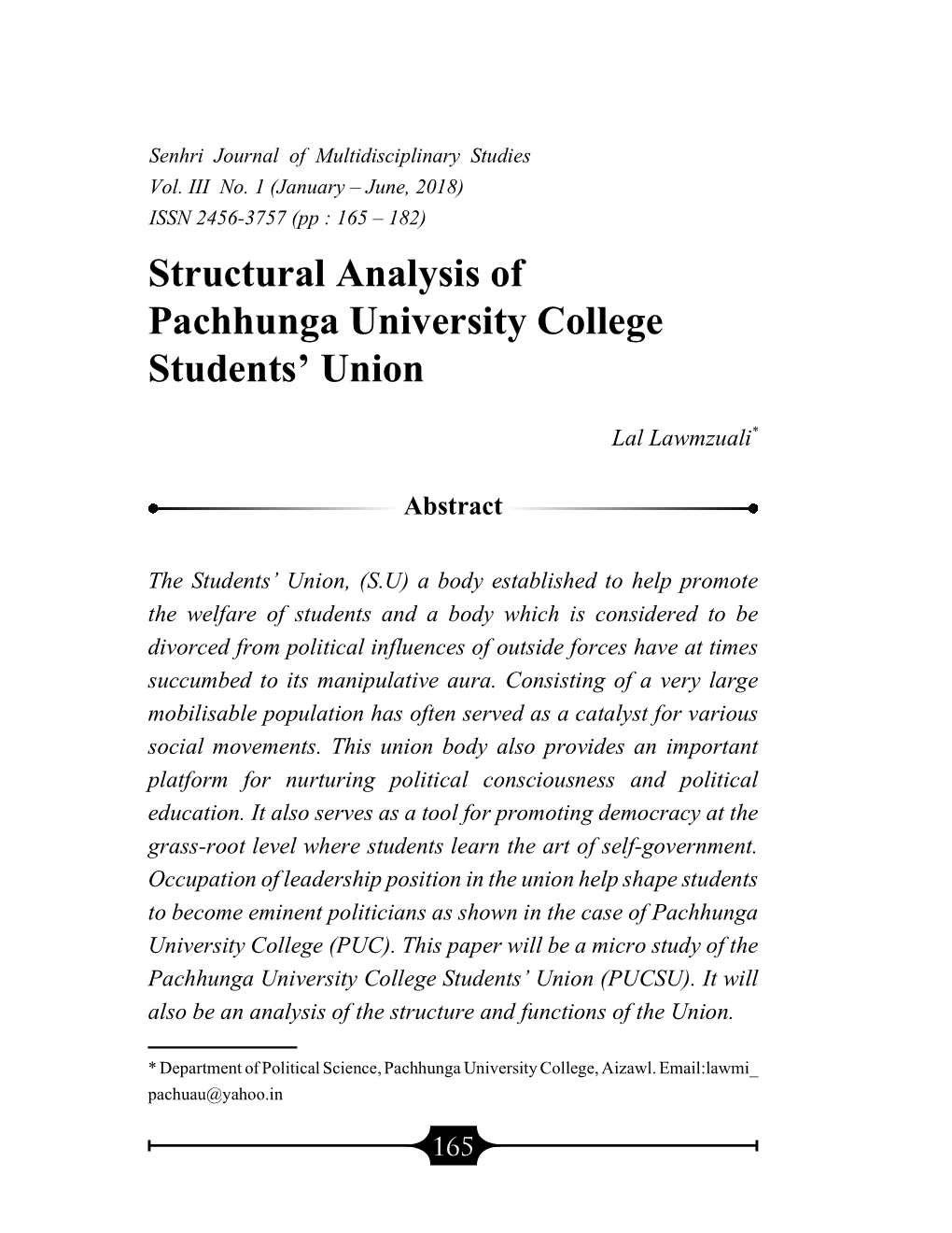 Structural Analysis of Pachhunga University College Students' Union