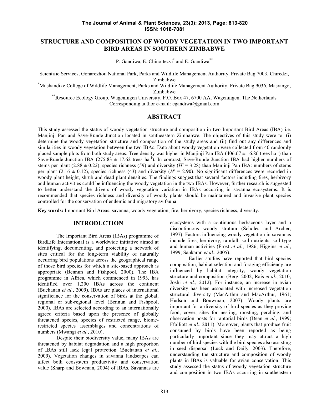 Structure and Composition of Woody Vegetation in Two Important Bird Areas in Southern Zimbabwe