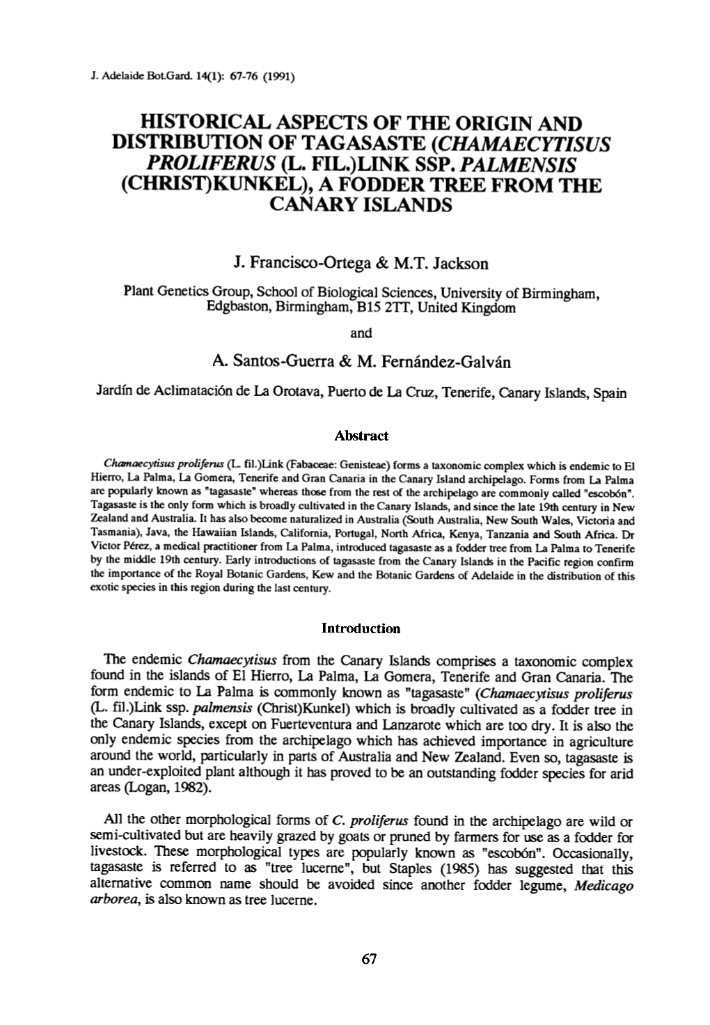 Historical Aspects of the Origin and Distribution of Tagasaste (Chamaecytisus Proliferus (L