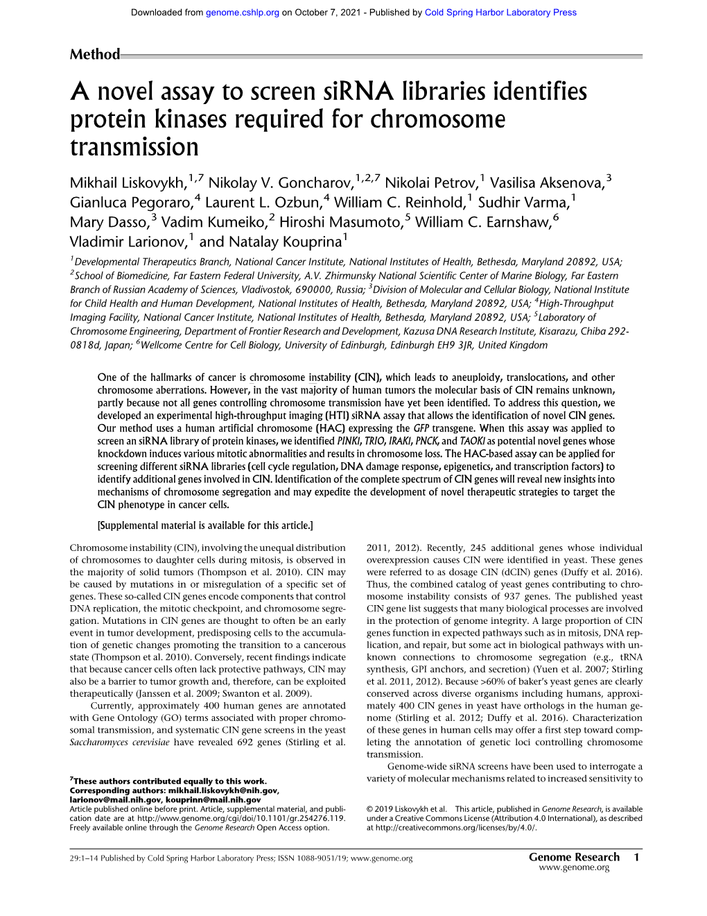 A Novel Assay to Screen Sirna Libraries Identifies Protein Kinases Required for Chromosome Transmission