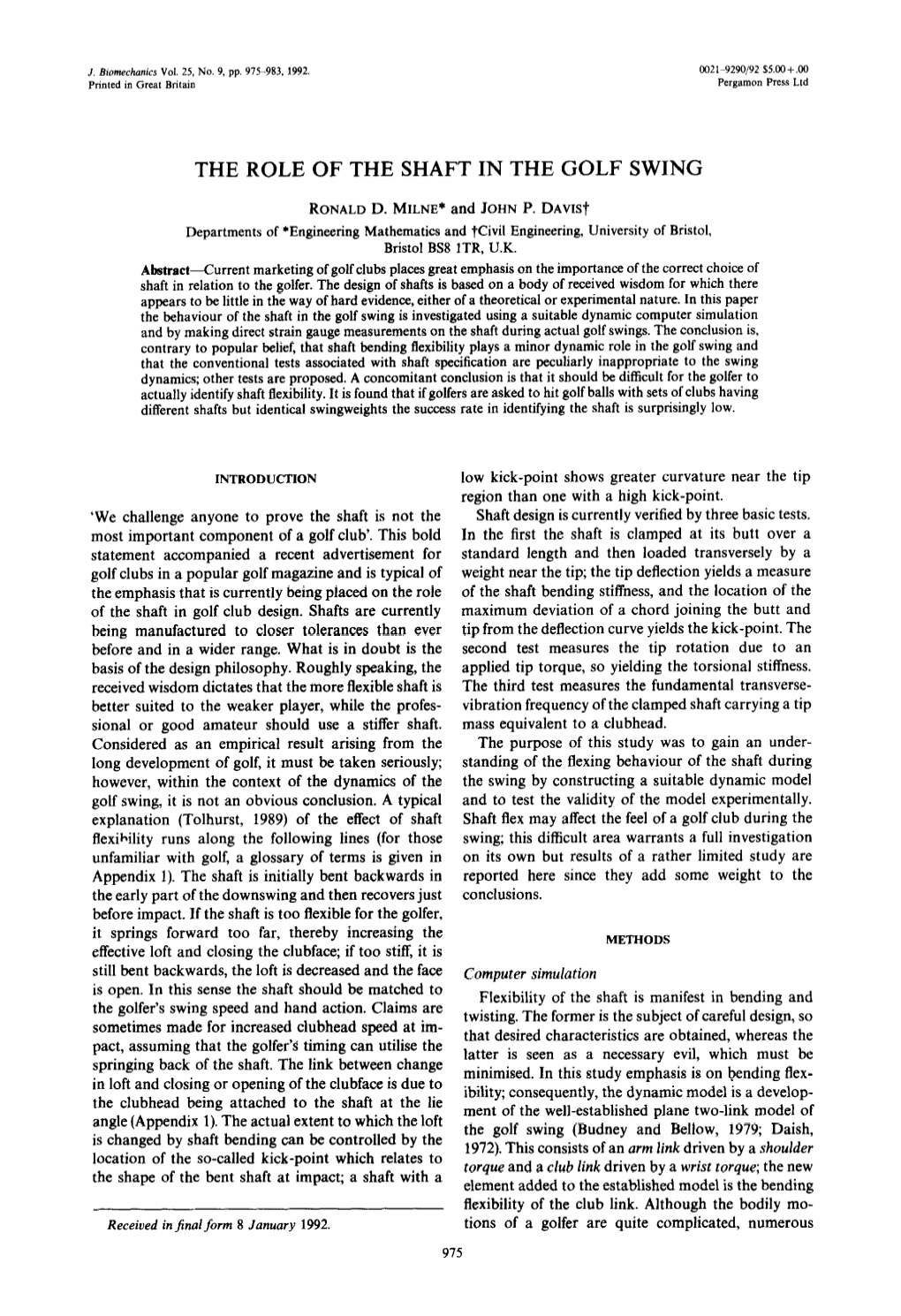 Milne and Davis 1992 the Role of the Shaft in the Golf Swing.Pdf