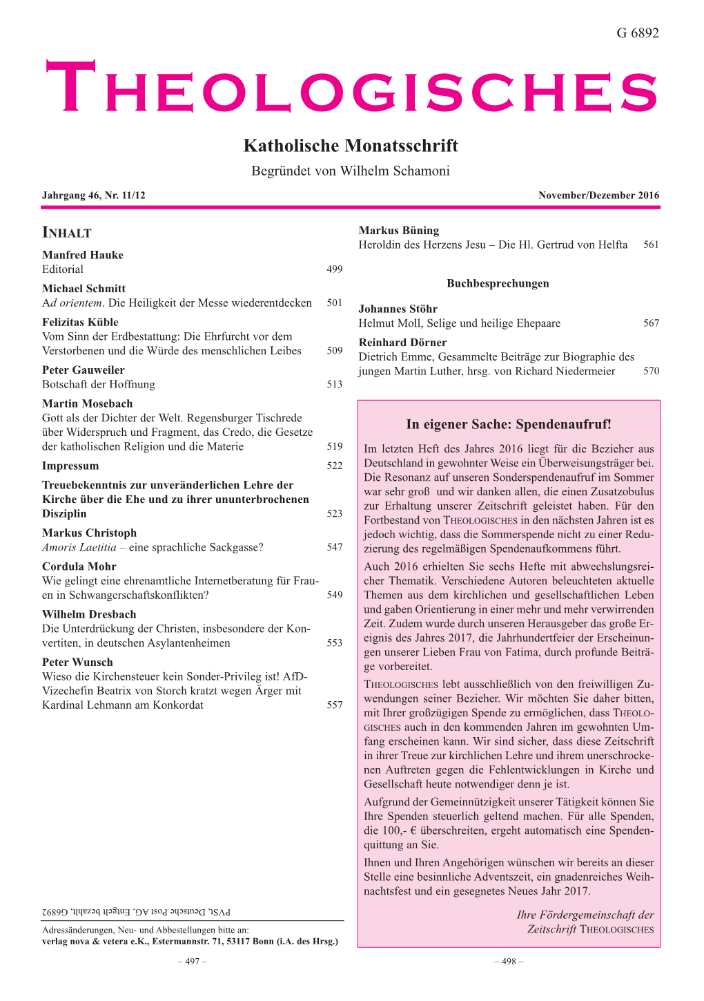 THEOLOGISCHES Katholische Monatsschrift Begründet Von Wilhelm Schamoni Jahrgang 46, Nr