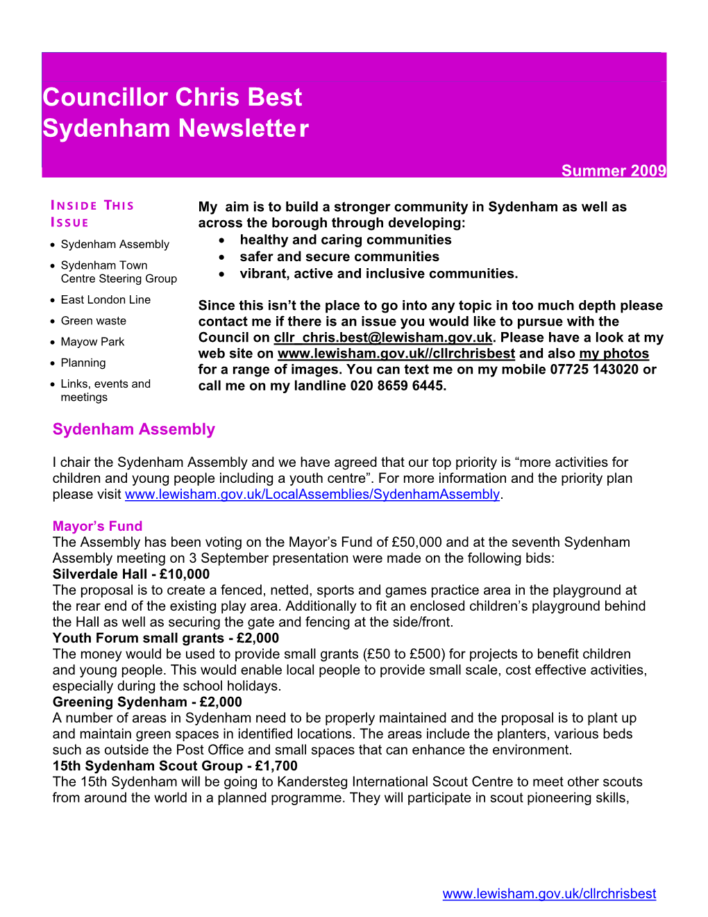 Councillor Chris Best Sydenham Newsletter
