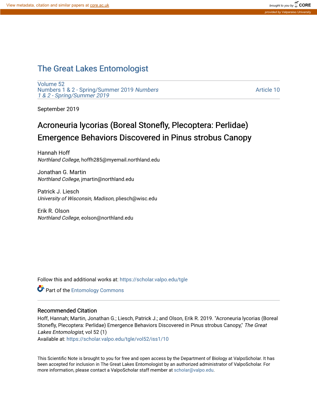 Acroneuria Lycorias (Boreal Stonefly, Plecoptera: Perlidae) Emergence Behaviors Discovered in Pinus Strobus Canopy