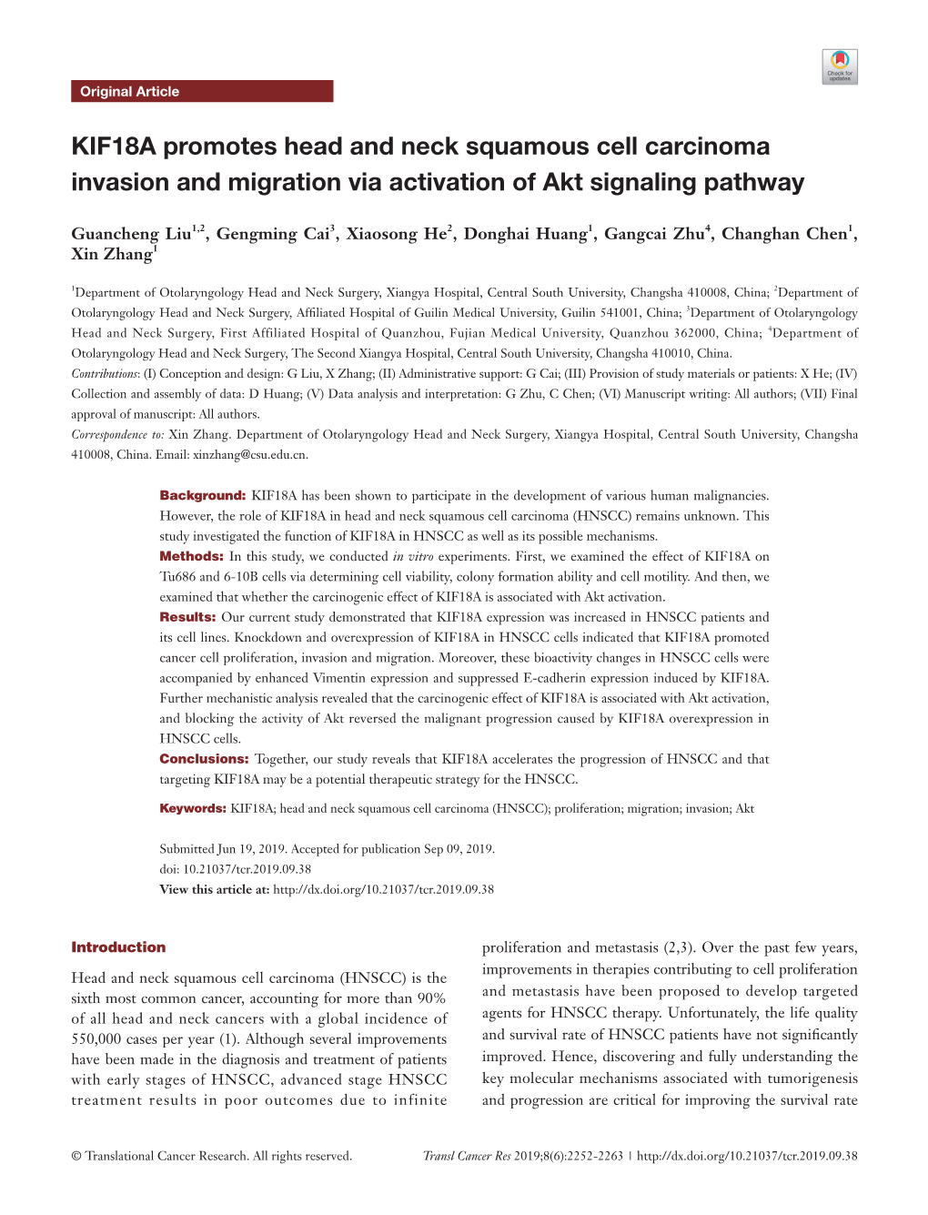 KIF18A Promotes Head and Neck Squamous Cell Carcinoma Invasion and Migration Via Activation of Akt Signaling Pathway