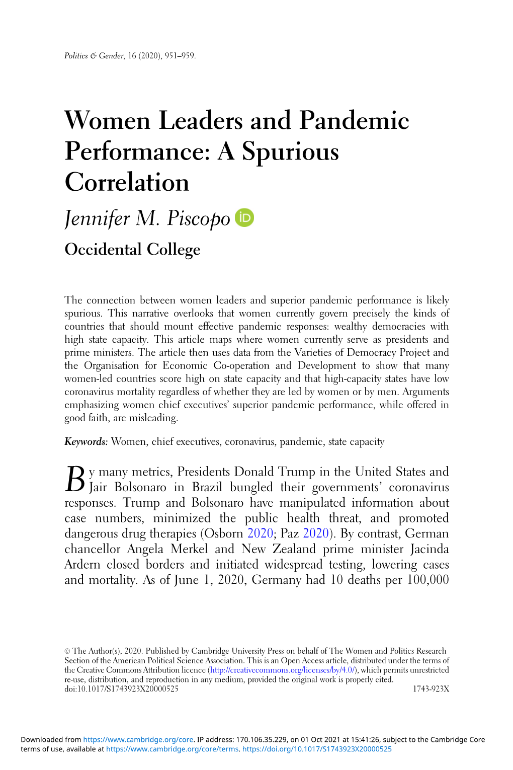 Women Leaders and Pandemic Performance: a Spurious Correlation Jennifer M