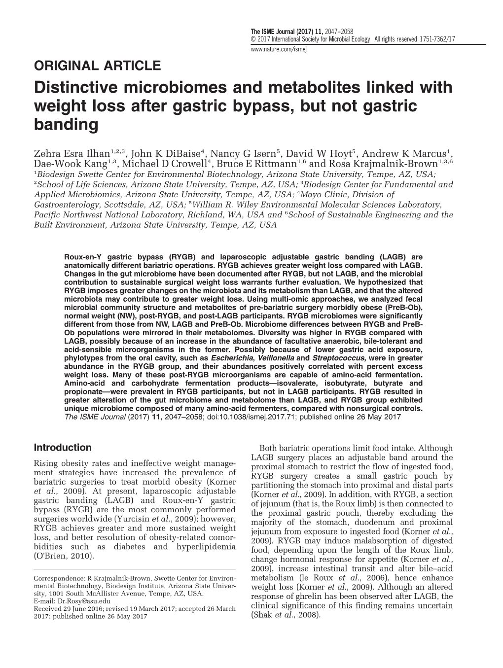 Distinctive Microbiomes and Metabolites Linked with Weight Loss After Gastric Bypass, but Not Gastric Banding