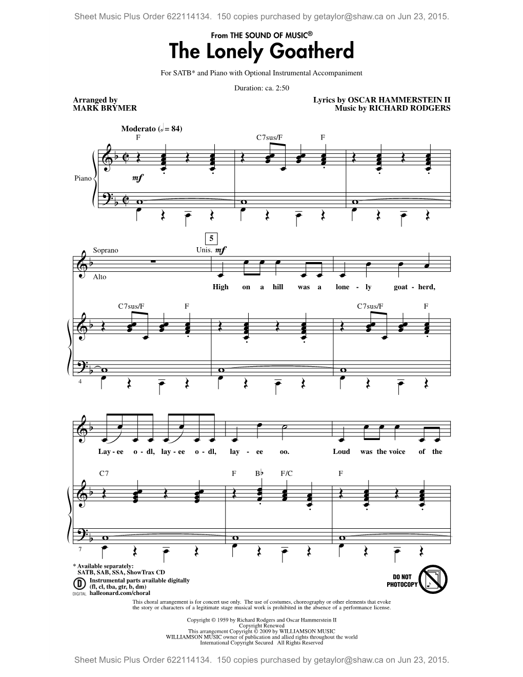 The Lonely Goatherd for SATB* and Piano with Optional Instrumental Accompaniment Duration: Ca