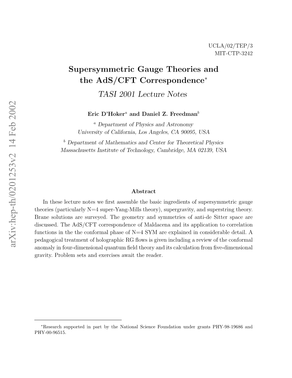 Supersymmetric Gauge Theories and the Ads/CFT Correspondence