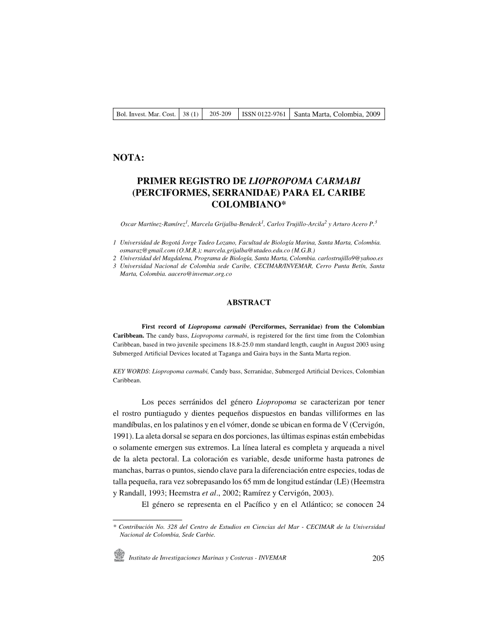 Nota: Primer Registro De Liopropoma Carmabi