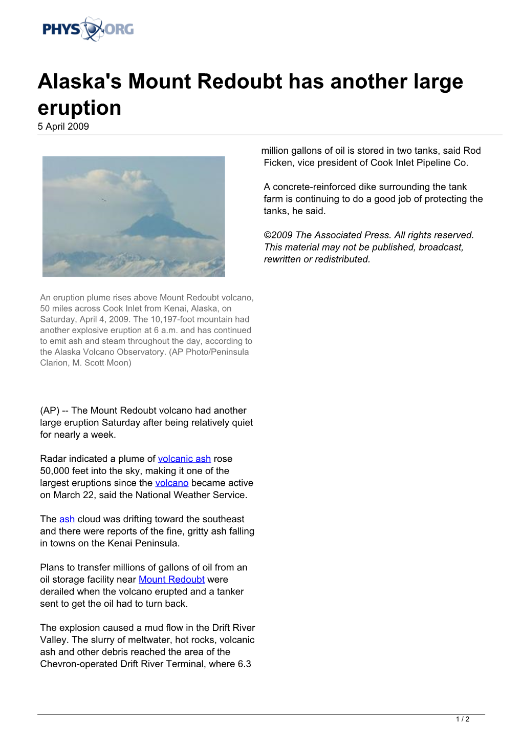 Alaska's Mount Redoubt Has Another Large Eruption 5 April 2009