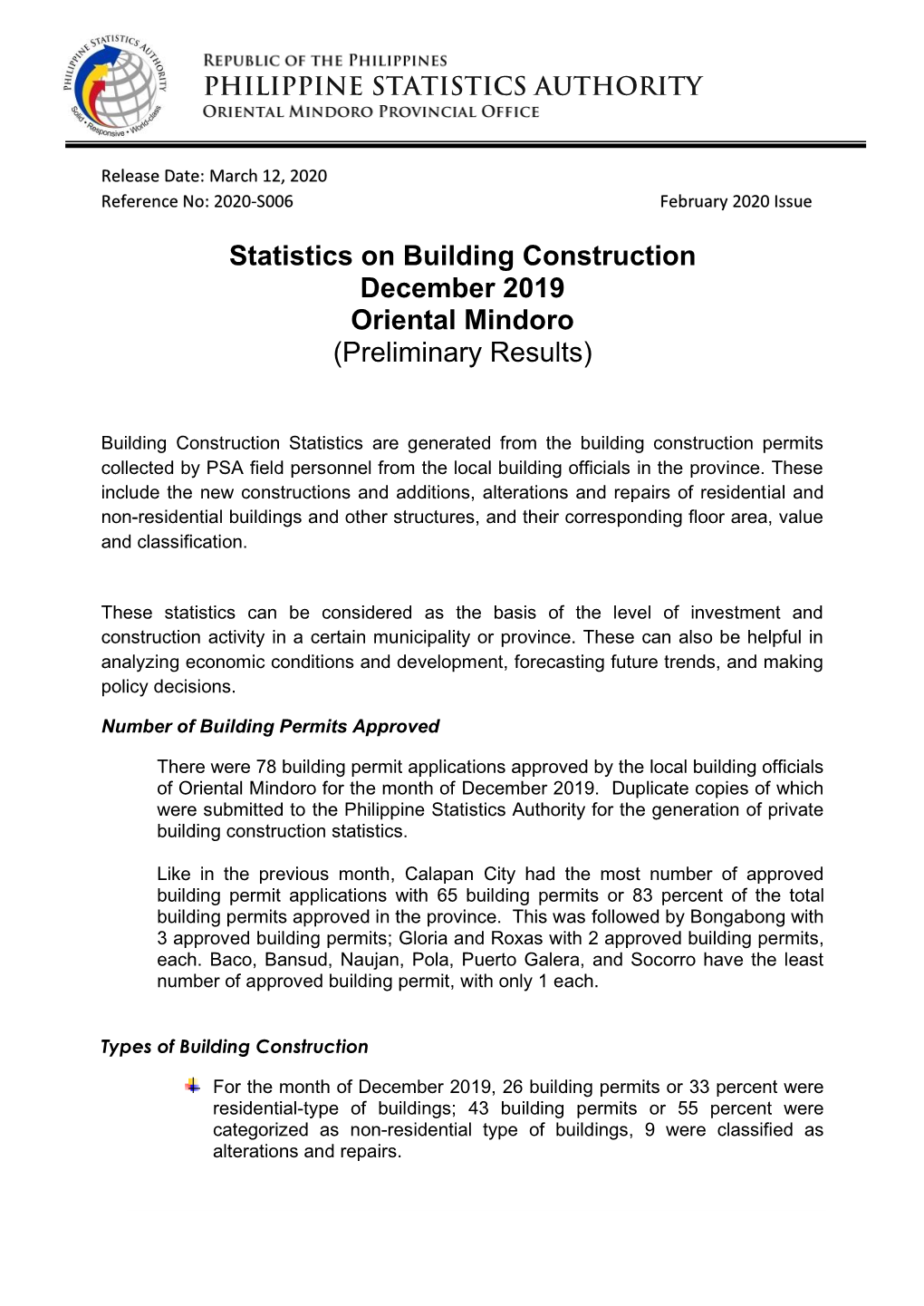 Statistics on Building Construction December 2019 Oriental Mindoro (Preliminary Results)