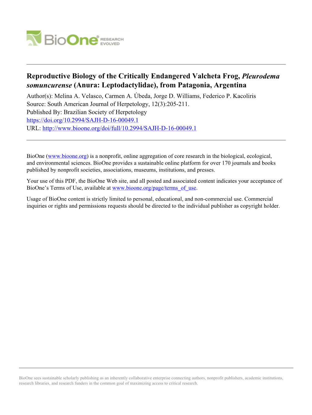 Reproductive Biology of the Critically Endangered Valcheta Frog, Pleurodema Somuncurense (Anura: Leptodactylidae), from Patagonia, Argentina Author(S): Melina A