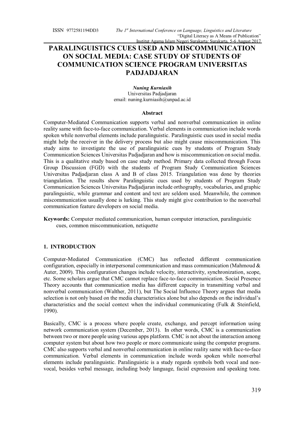 Paralinguistics Cues Used and Miscommunication on Social Media: Case Study of Students of Communication Science Program Universitas Padjadjaran