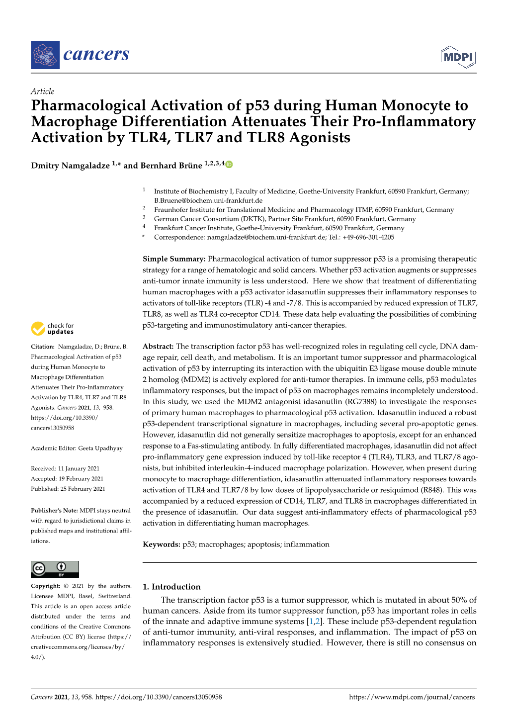 Pharmacological Activation of P53 During Human Monocyte to Macrophage Differentiation Attenuates Their Pro-Inﬂammatory Activation by TLR4, TLR7 and TLR8 Agonists