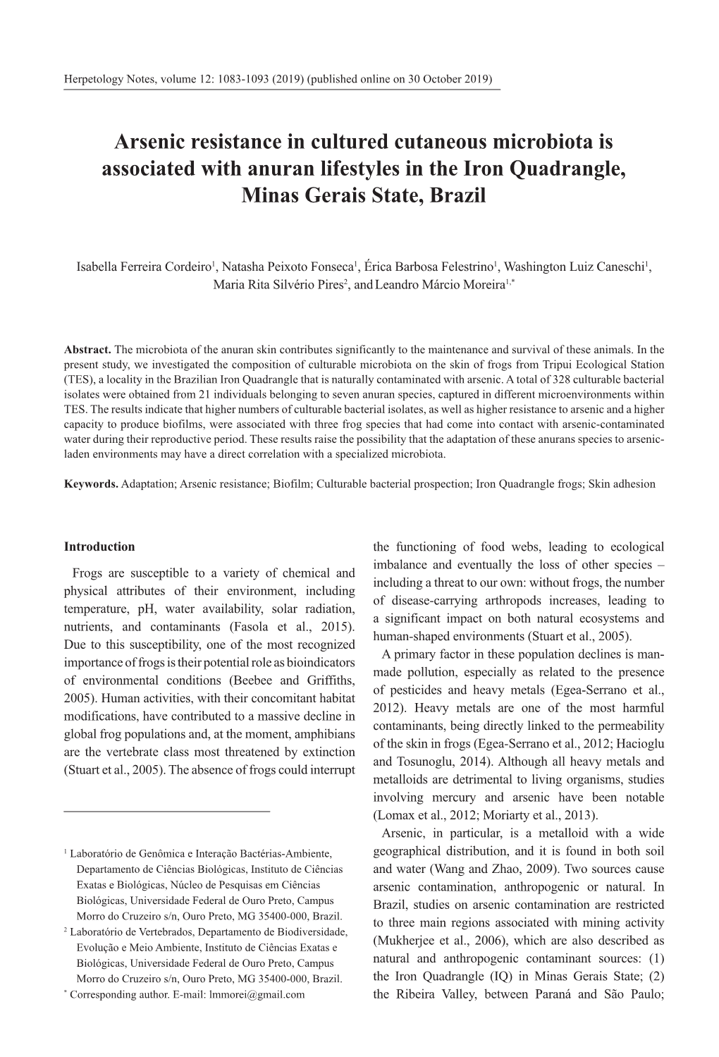 Arsenic Resistance in Cultured Cutaneous Microbiota Is Associated with Anuran Lifestyles in the Iron Quadrangle, Minas Gerais State, Brazil