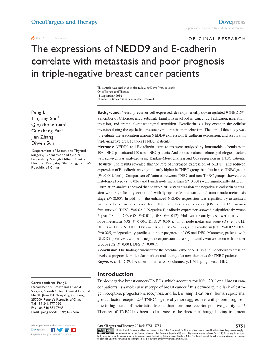 The Expressions of NEDD9 and E-Cadherin Correlate with Metastasis and Poor Prognosis in Triple-Negative Breast Cancer Patients