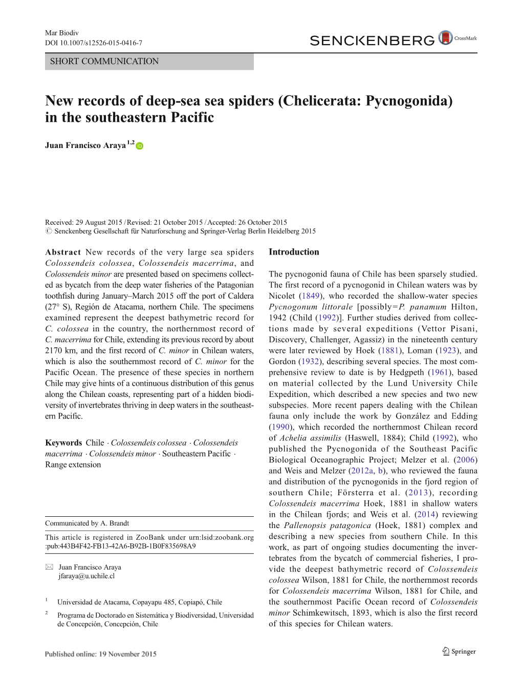 New Records of Deep-Sea Sea Spiders (Chelicerata: Pycnogonida) in the Southeastern Pacific