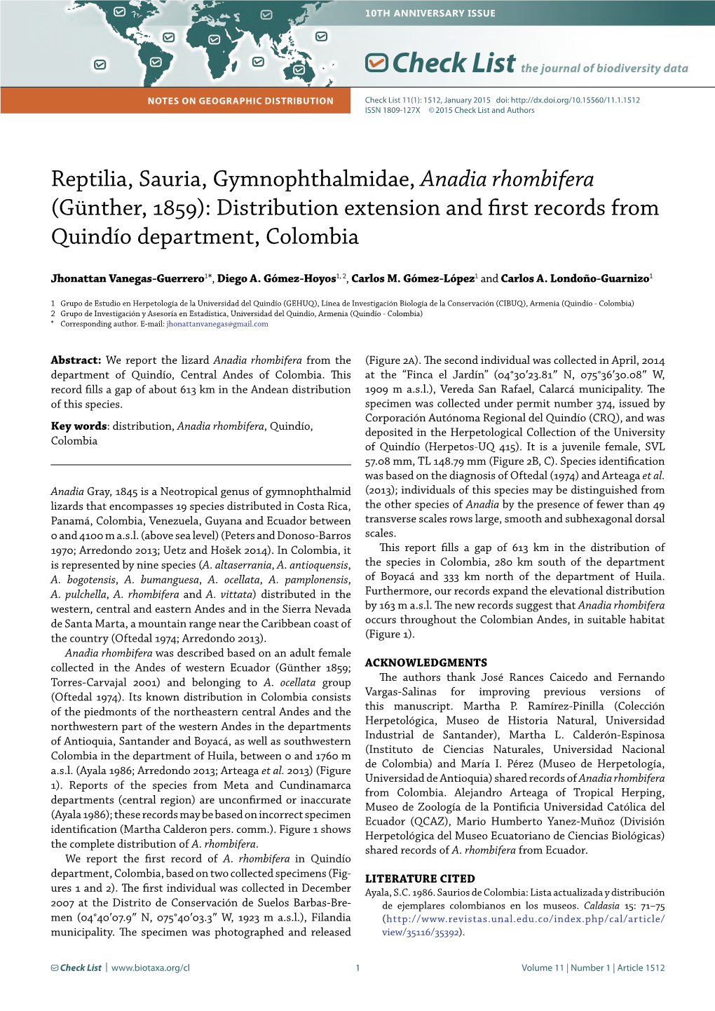 Reptilia, Sauria, Gymnophthalmidae, Anadia Rhombifera (Günther, 1859): Distribution Extension and First Records from Quindío Department, Colombia