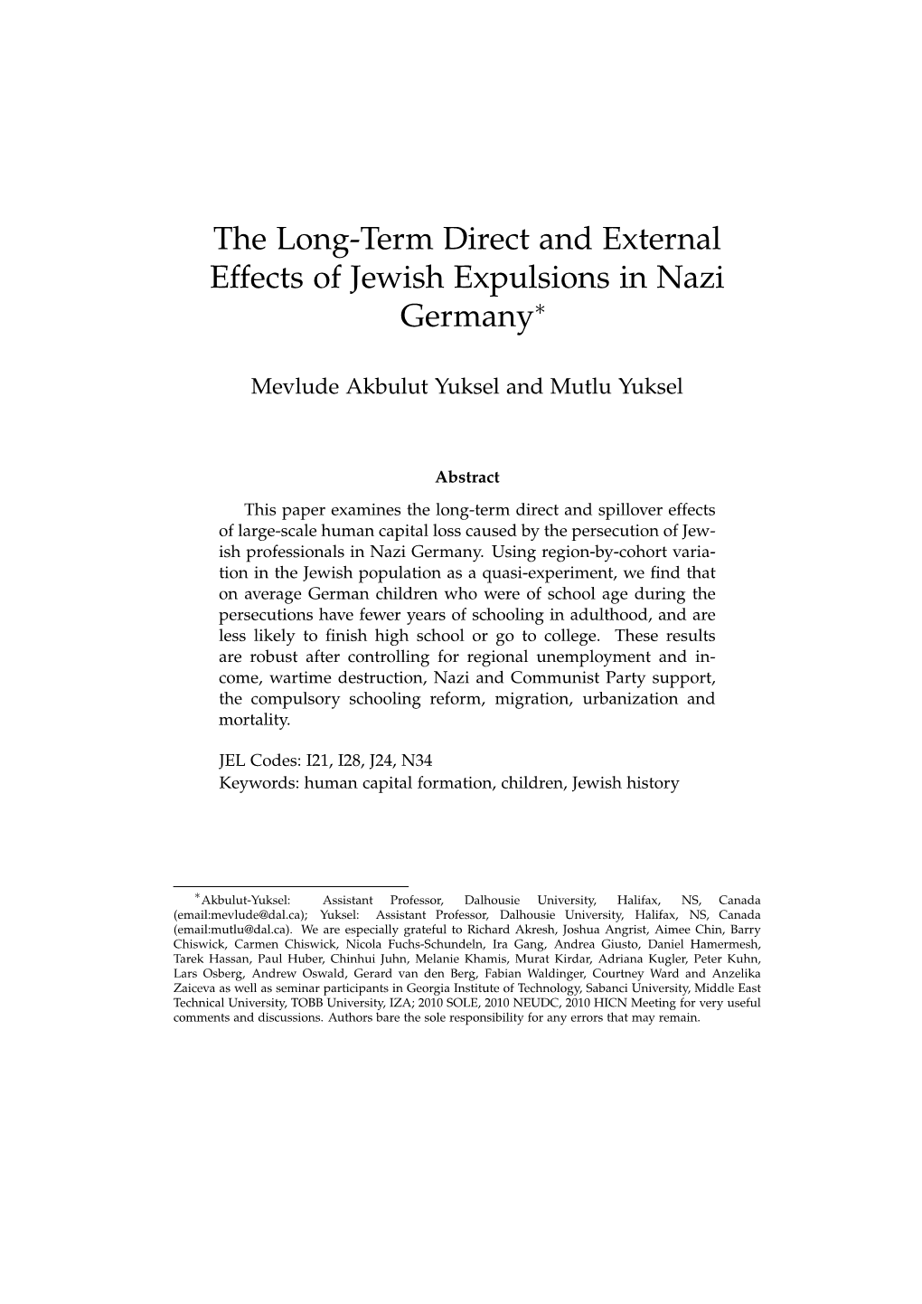 The Long-Term Direct and External Effects of Jewish Expulsions in Nazi Germany∗