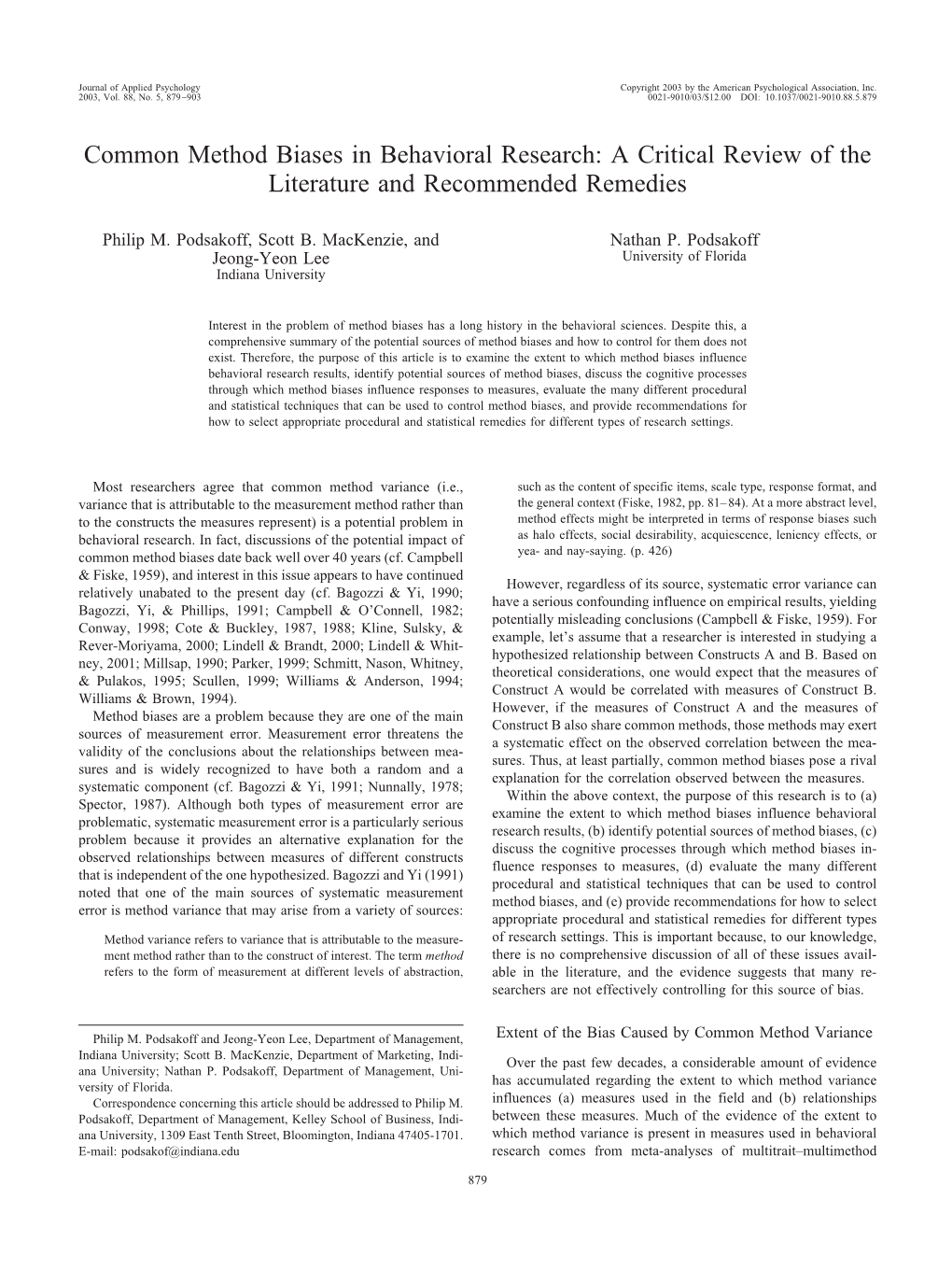 Common Method Biases in Behavioral Research: a Critical Review of the Literature and Recommended Remedies