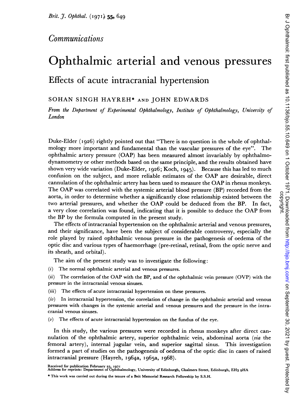 Ophthalmic Arterial and Venous Pressures Effects of Acute Intracranial Hypertension