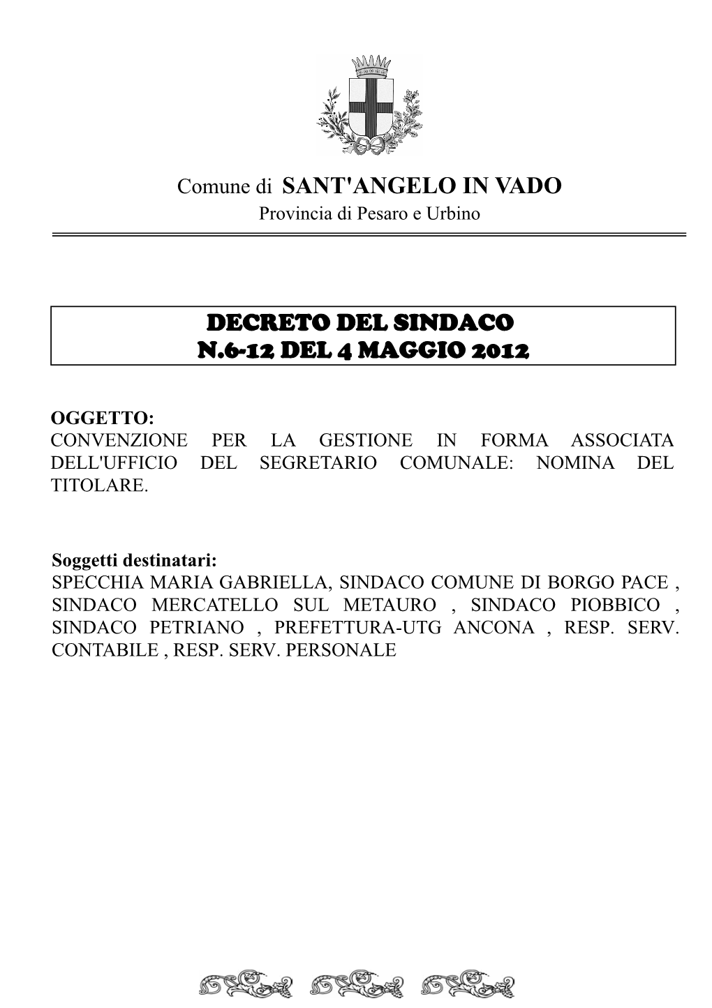 Comune Di SANT'angelo in VADO DECRETO DEL SINDACO N.6-12