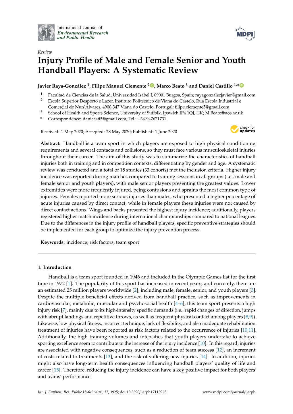 Injury Profile of Male and Female Senior and Youth Handball