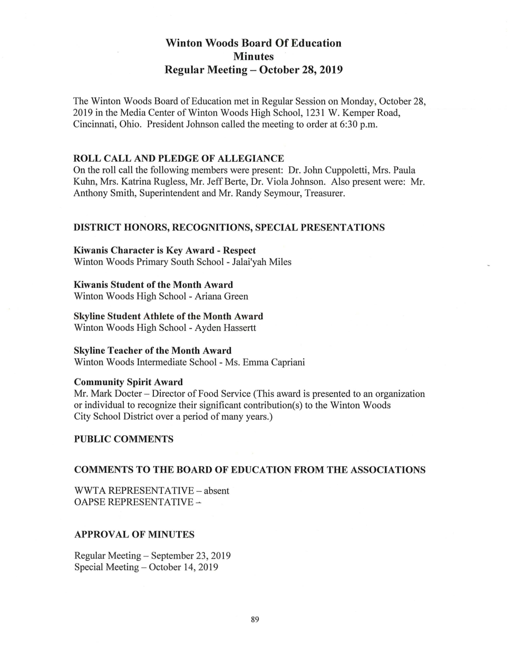 Winton Woods Board of Education Minutes Regular Meeting - October 28, 2019