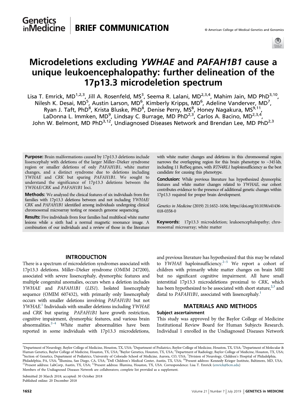 Further Delineation of the 17P13.3 Microdeletion Spectrum