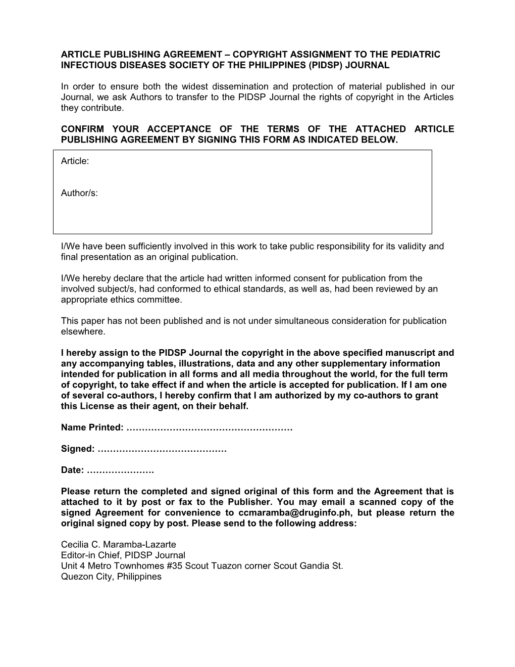 Article Publishing Agreement Copyright Assignment to the Pediatric Infectious Diseases