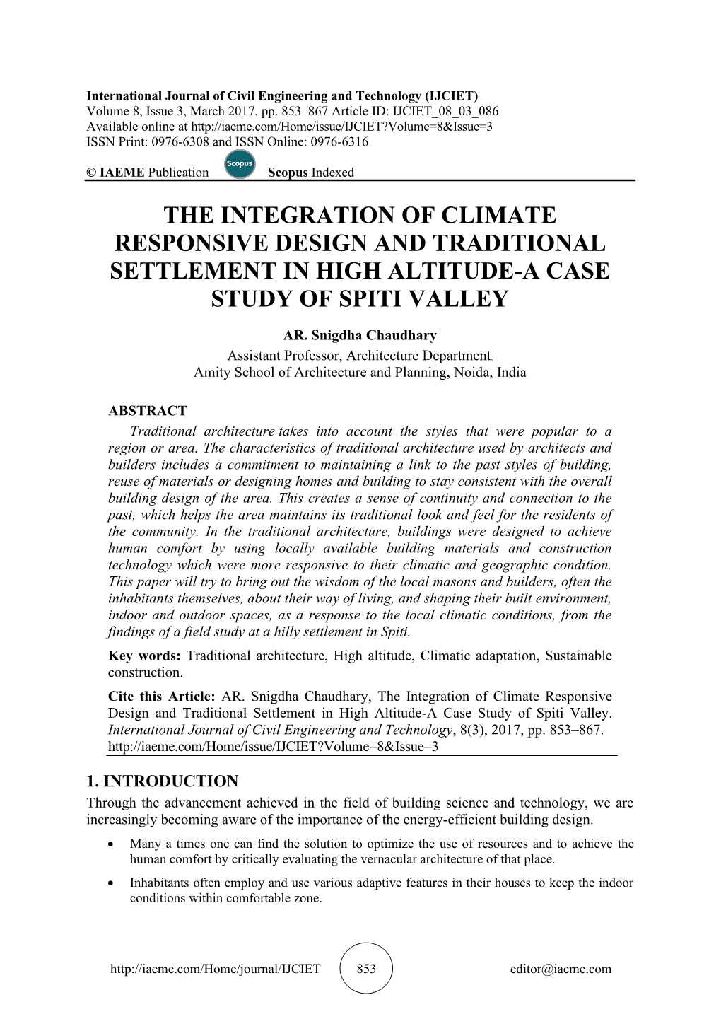 The Integration of Climate Responsive Design and Traditional Settlement in High Altitude-A Case Study of Spiti Valley