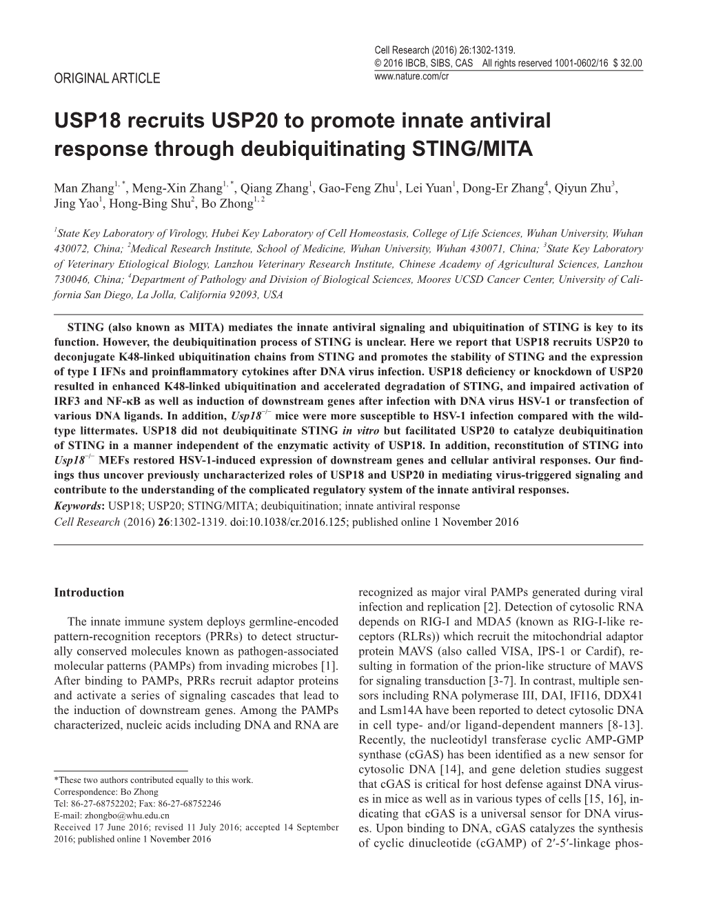 USP18 Recruits USP20 to Promote Innate Antiviral Response Through Deubiquitinating STING/MITA