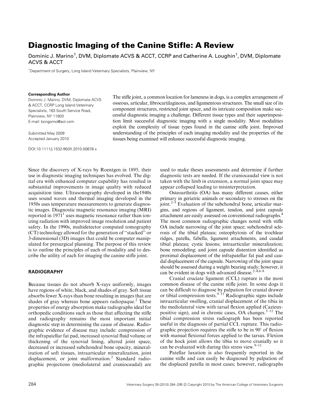 Diagnostic Imaging of the Canine Stifle: a Review Dominic J