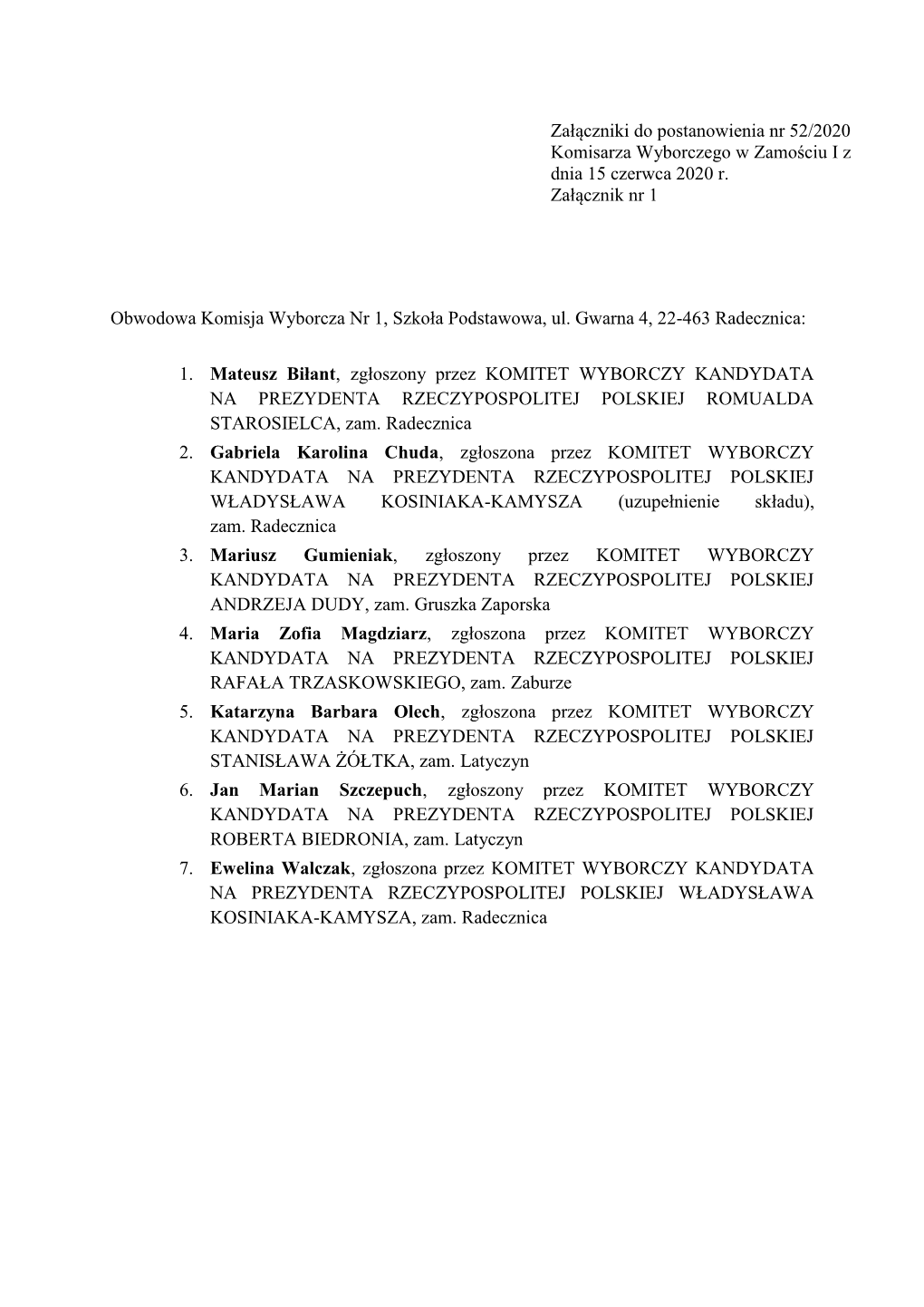 Załączniki Do Postanowienia Nr 52/2020 Komisarza Wyborczego W Zamościu I Z Dnia 15 Czerwca 2020 R. Załącznik Nr 1 Obwodowa